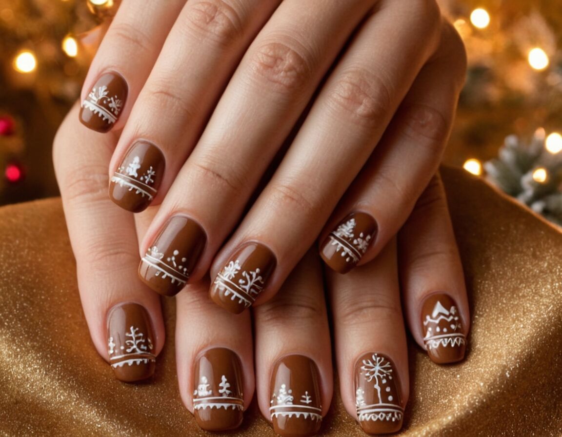 Apply warm brown and white polish accents   - The Rise of Gingerbread Nails: How to Achieve the Perfect Festive Manicure
