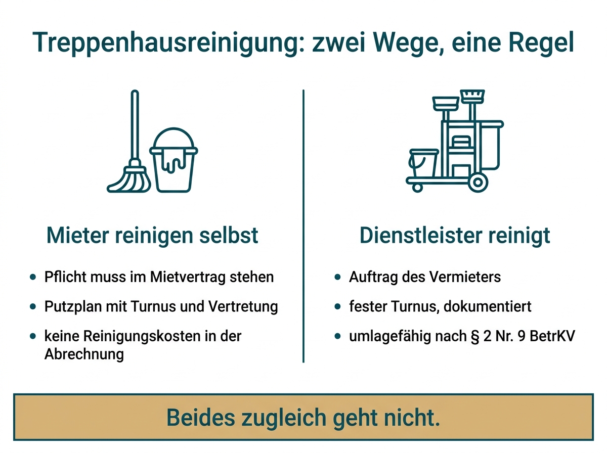 Infographic on stairwell cleaning showing the two routes of tenant cleaning and service provider