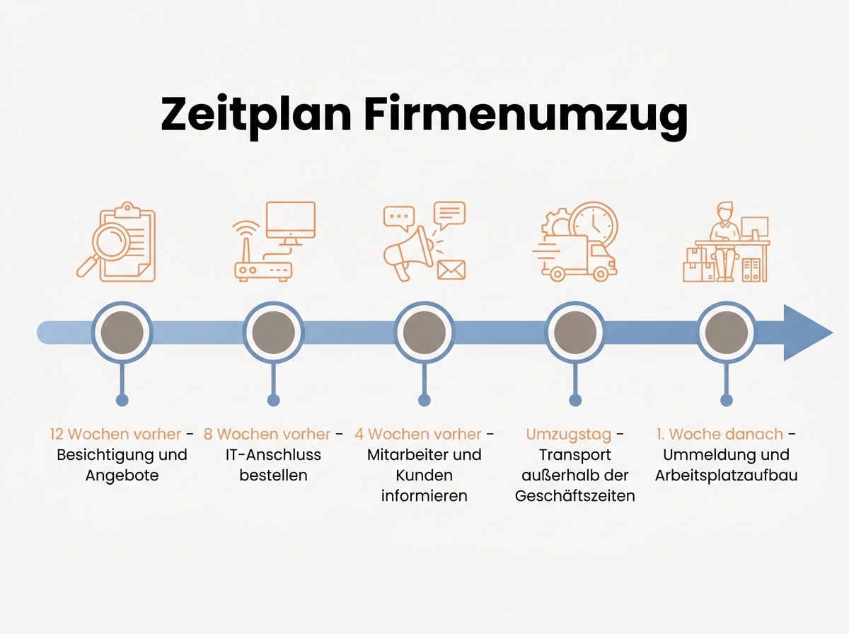 Infografik mit dem Zeitplan für einen Firmenumzug von zwölf Wochen vorher bis zur ersten Woche danach