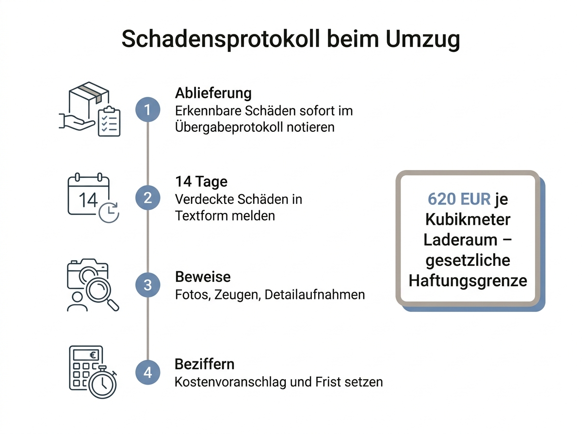 Infografik mit den vier Schritten des Schadensprotokolls bei einem Transportschaden im Umzug