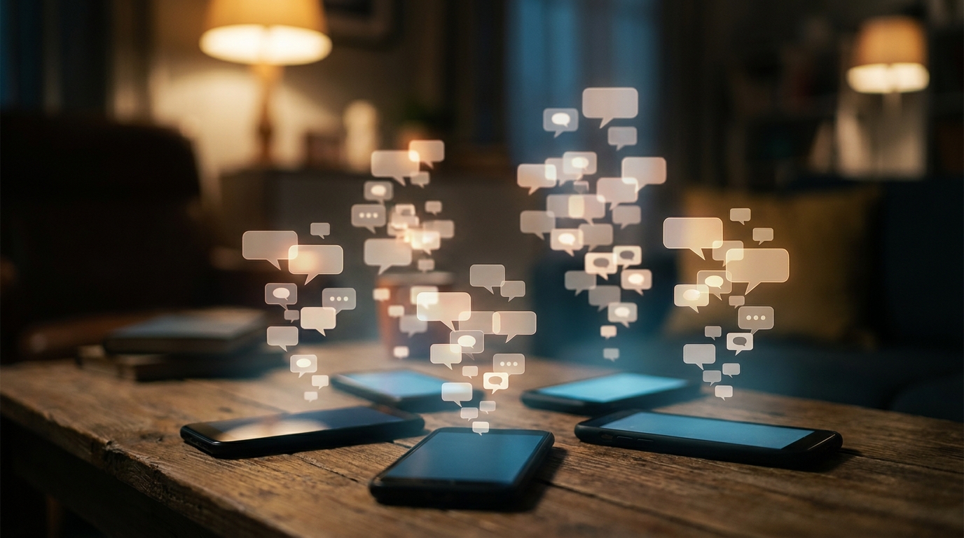 Schermi di smartphone che illuminano una stanza buia, con simboli di notifica che si moltiplicano