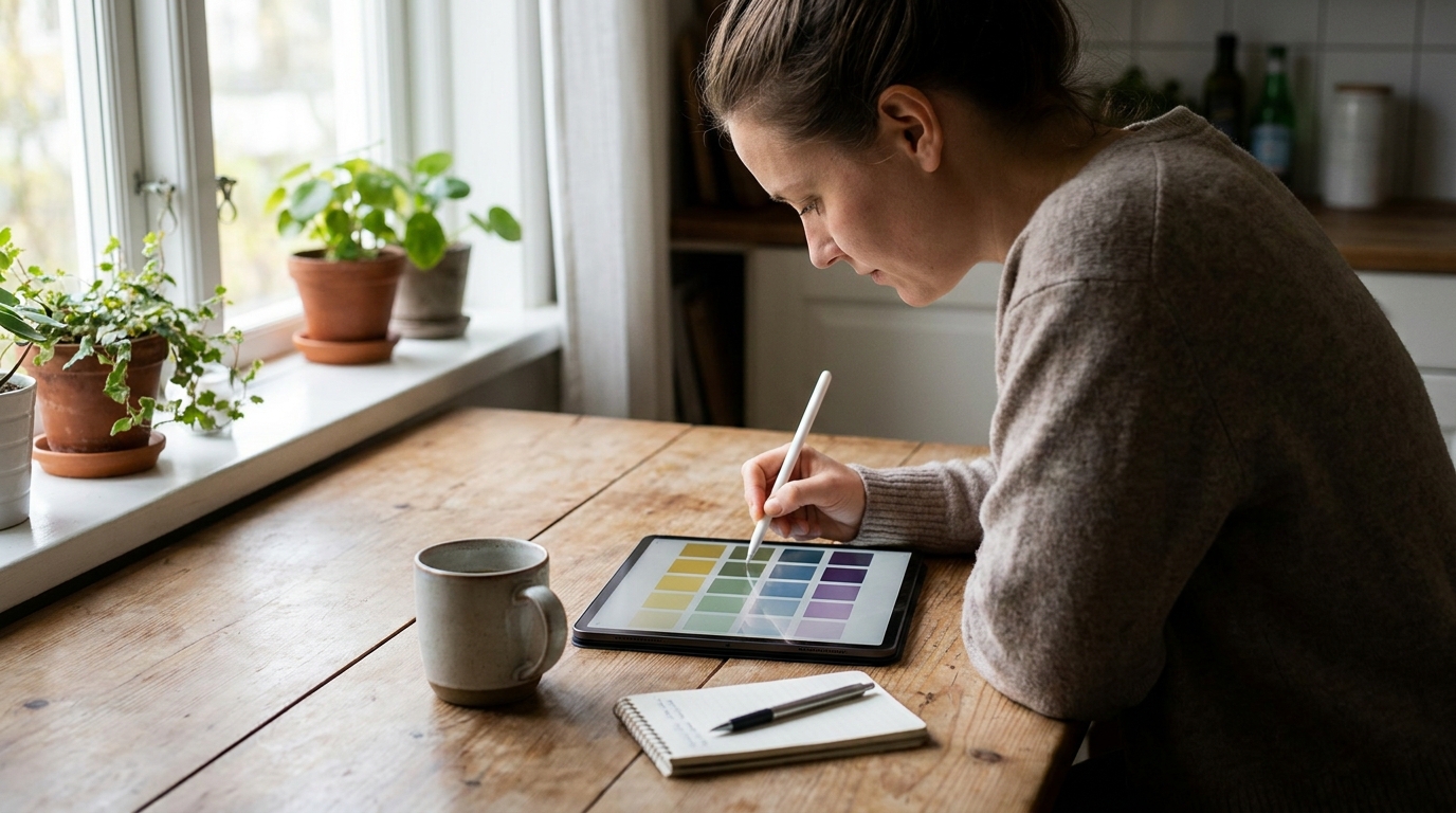 Personne attablée dans une cuisine résolvant une grille de mots sur une tablette, une tasse de café à côté