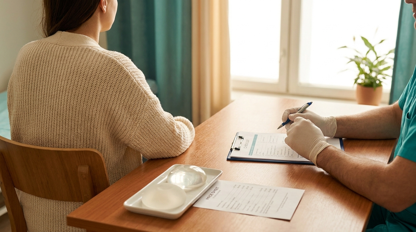 Läkare pekar på en utskriven checklista under en konsultation om bröstförstoring med en patient