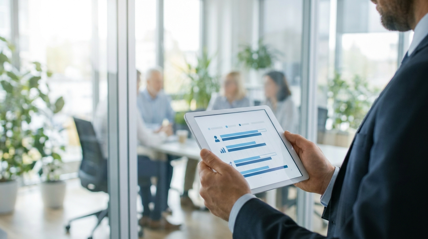 Responsable revisando un panel de horas de trabajo semanales en una tableta en una oficina moderna