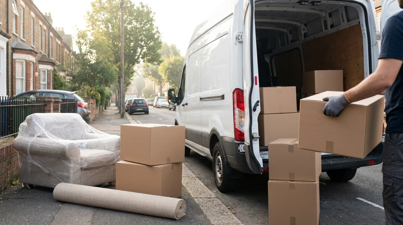 Dozen en meubels worden in een bestelwagen geladen voor de verhuizing naar Denemarken
