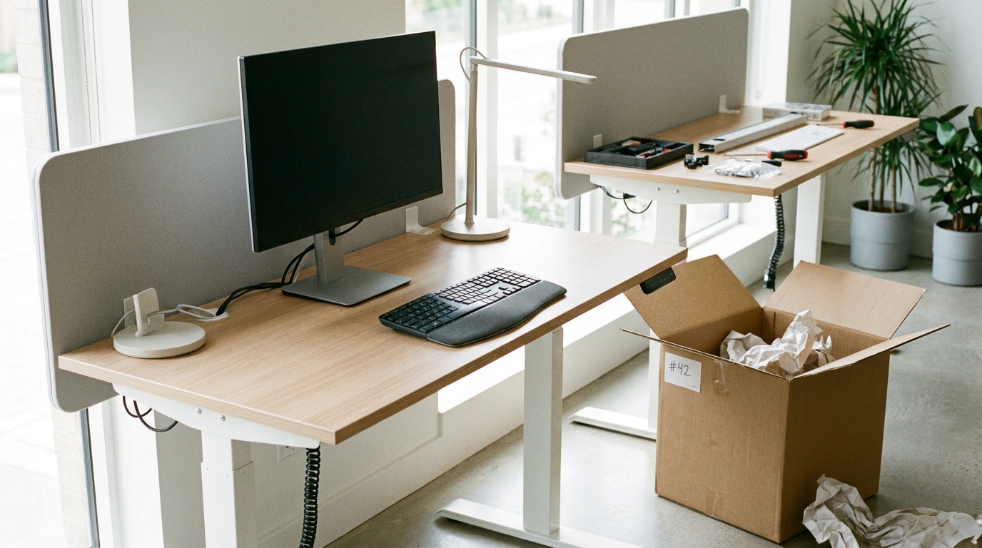 Frisch aufgebauter Arbeitsplatz mit Monitor und beschriftetem Umzugskarton im neuen Büro
