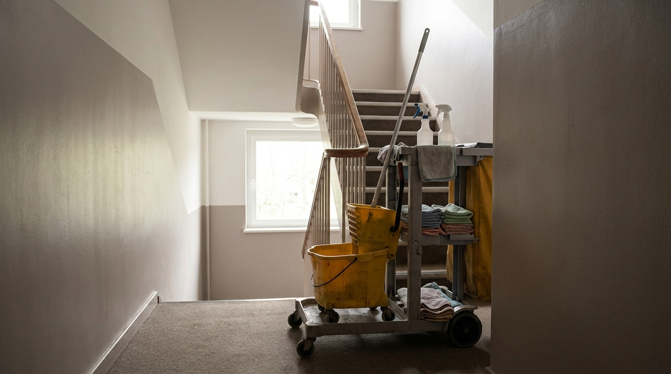 Cleaning trolley with mop and bucket in the hallway of an apartment building