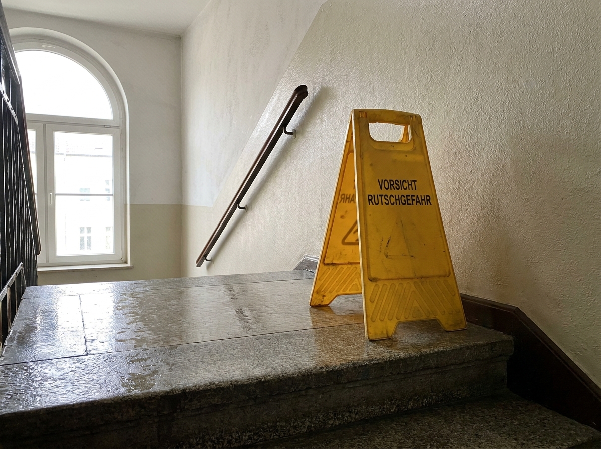 Warning sign on a freshly mopped staircase in the hallway