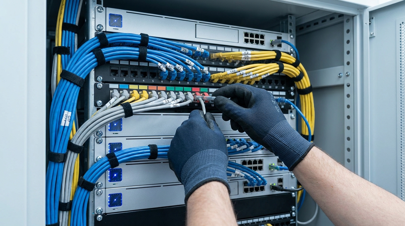 Sorgfältig beschriftete Netzwerkkabel und Serverschrank beim IT-Umzug eines Unternehmens