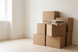 Stacked boxes in a bright, empty room as a calm image of a cluttered home after clearance