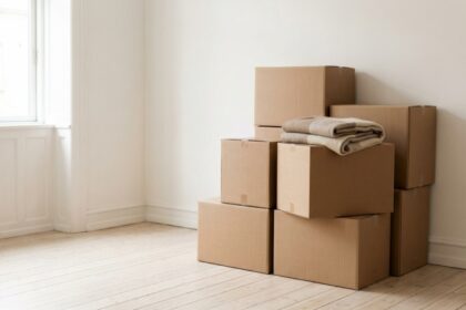 Gestapelte Kartons in einem hellen, leeren Raum als ruhiges Sinnbild für eine vermüllte Wohnung nach der Räumung