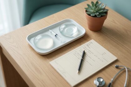 Plastic surgeon's desk with silicone and saline breast implant sizers, consultation notes and a stethoscope