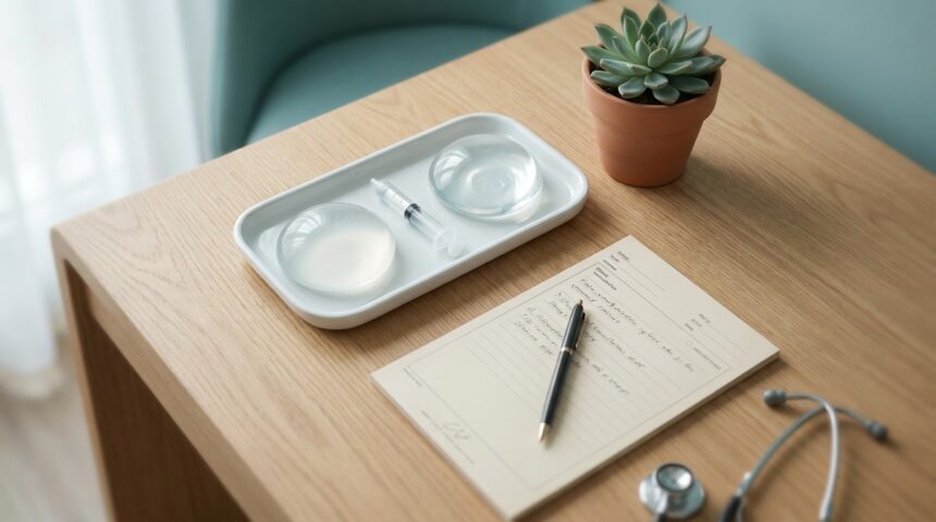 Plastikkirurgs skrivbord med provstorlekar för bröstimplantat i silikon och koksalt, konsultationsanteckningar och ett stetoskop