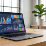 Laptop con una dashboard di analisi del marketing digitale in un ufficio moderno e luminoso