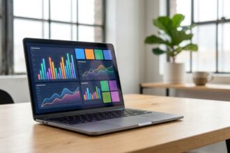 Laptop mit einem Digital-Marketing-Analytics-Dashboard in einem hellen, modernen Büro