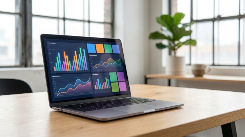 Laptop med en analysdashboard för digital marknadsföring på ett ljust modernt kontor