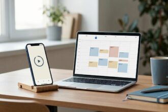 Office desk with a time-tracking app open on a phone and a laptop, illustrating employee time recording law