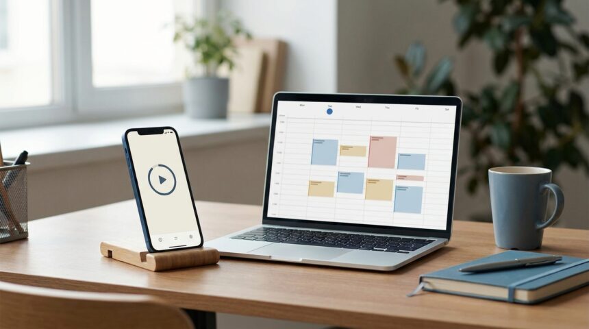 Escritorio de oficina con una app de control horario abierta en un móvil y un portátil, ilustrando la ley de registro horario de empleados
