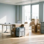 Labelled moving boxes and roll containers in an empty office during a company move