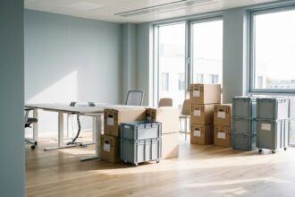 Labelled moving boxes and roll containers in an empty office during a company move