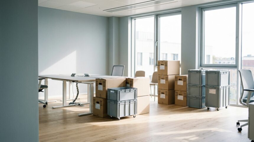 Beschriftete Umzugskartons und Rollcontainer in einem leeren Büro beim Firmenumzug