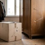 Caja de mudanza y muebles dañados en el pasillo tras daños de transporte durante una mudanza