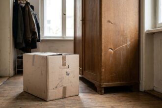Caja de mudanza y muebles dañados en el pasillo tras daños de transporte durante una mudanza