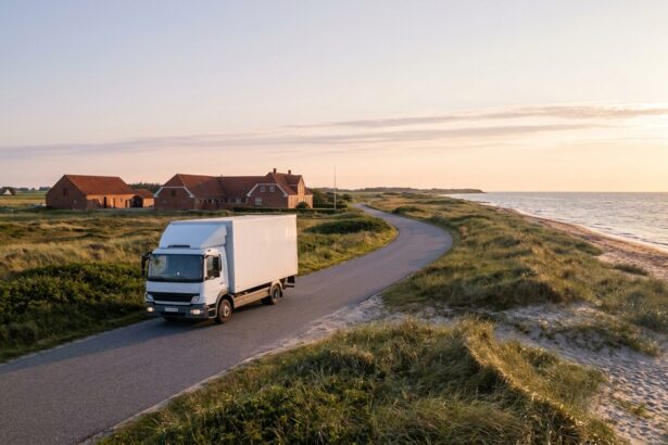 Moving van on the coastal road during a move to Denmark