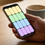 Smartphone met een abstract vier-bij-vier woordraster in geel, groen, blauw en paars