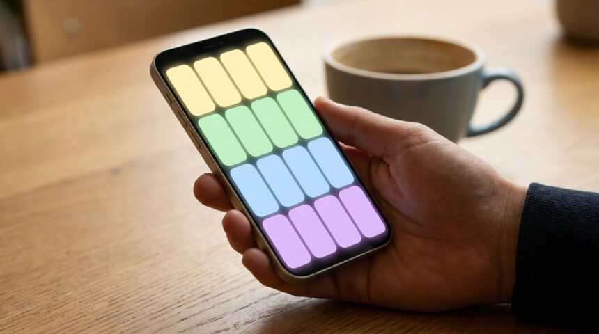 Smartphone affichant une grille de mots abstraite de quatre sur quatre en jaune, vert, bleu et violet